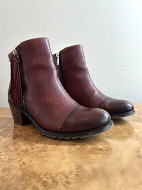 Pikolinos Burgundy Leather Ankle Boots Side Zip Tassel Block Heel EU 37